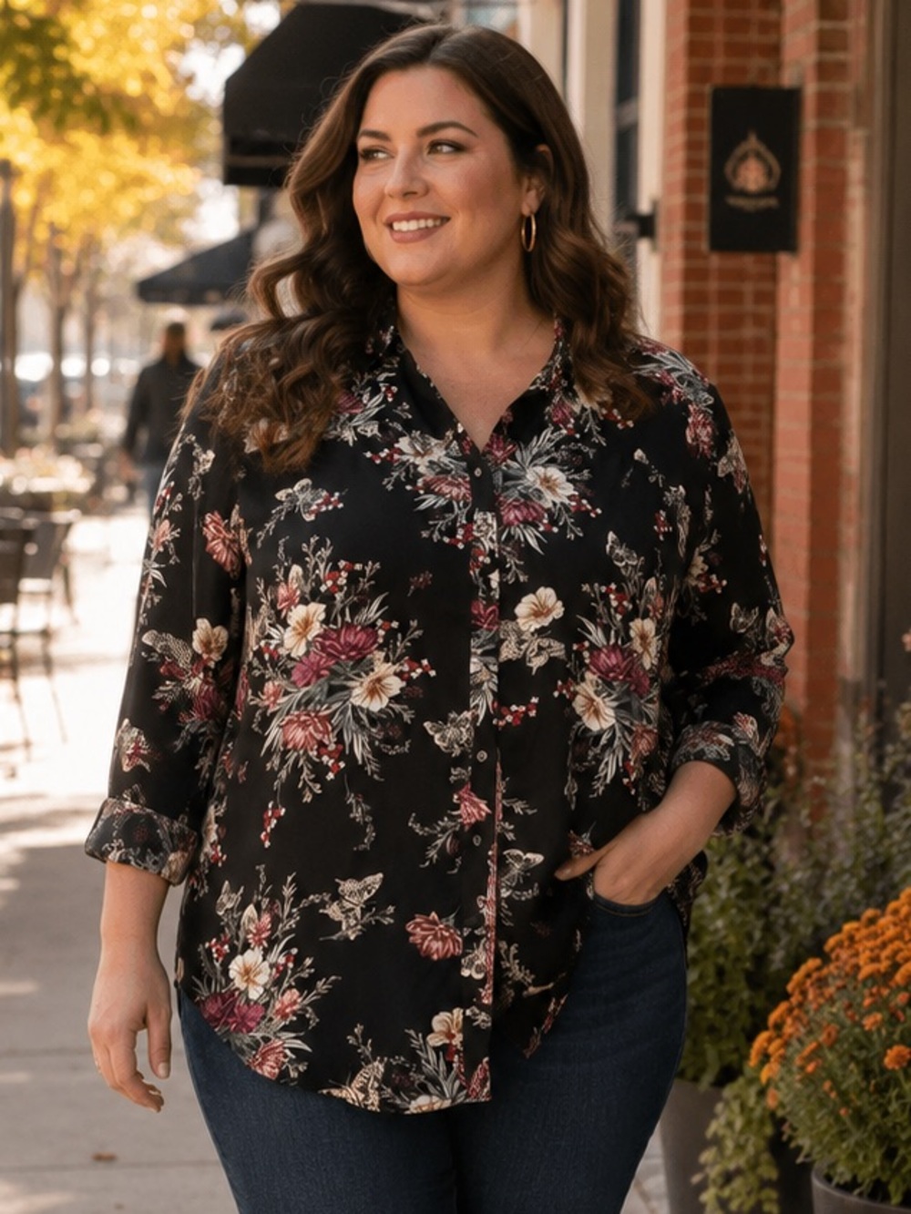 Torrid Black Floral Butterfly Long Sleeve Button Up Shirt Blouse Womens 1X 14 16